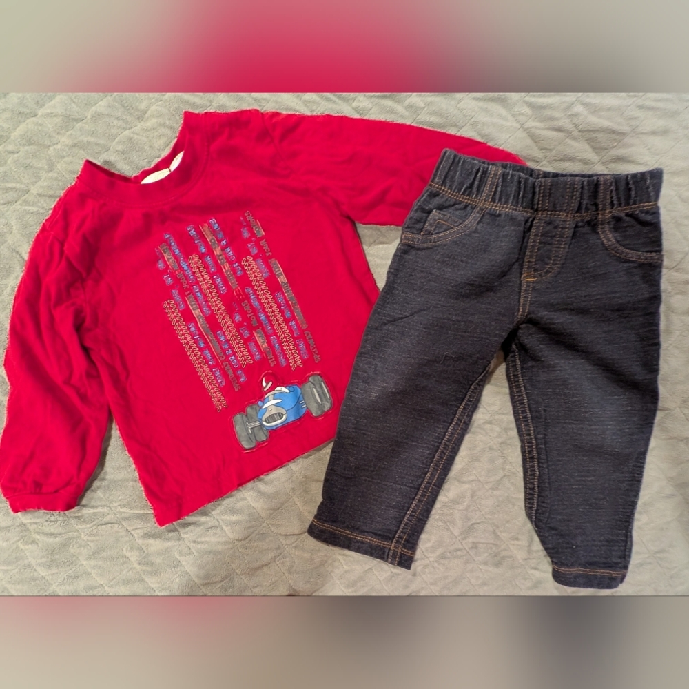 18M Red Graphic Long Sleeve Shirt and Dark Stretchy Jeans Set